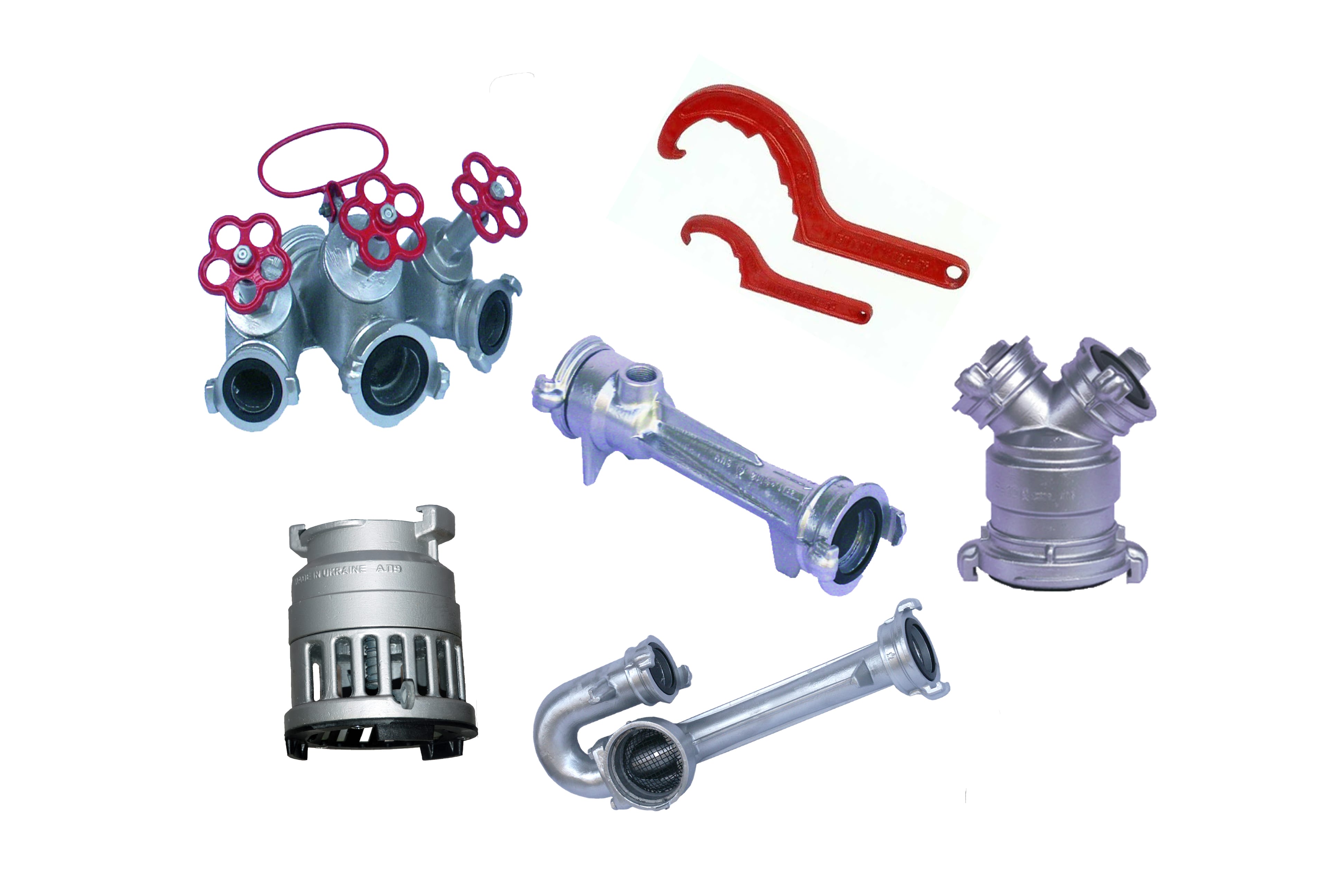 Branches, reservoirs, nets, keys, hydraulic elevators, adapters